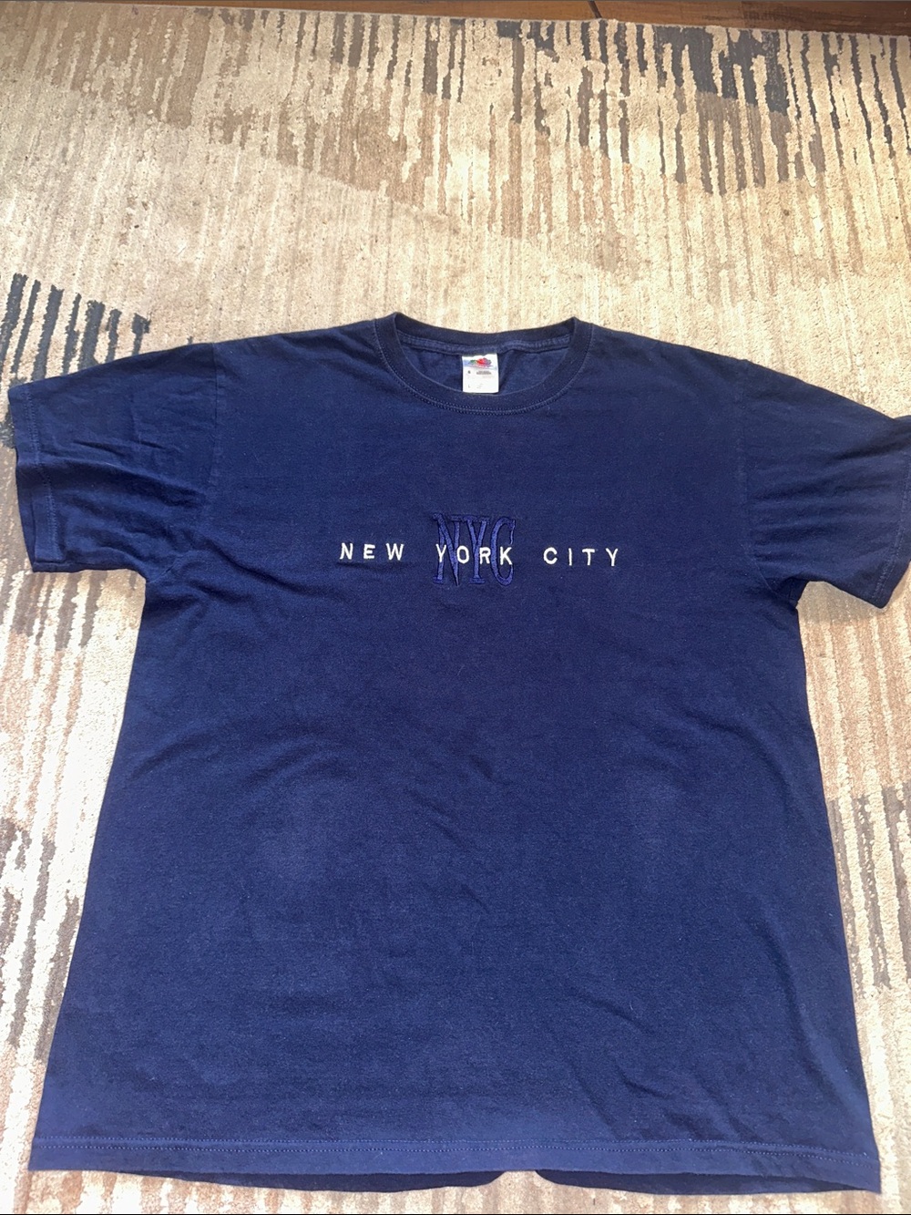 Fruit of the Loom Navy New York City Embroidered Tee - Men Large